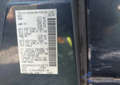 2020 Nissan Frontier Pro-4X 4X4 z USA, uszkodzony, nr VIN 1N6ED0EB5LN722671